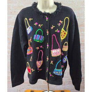 Berek Cardigan Sweater Black Embroidered Purses Shopaholic Sassy Women's Large